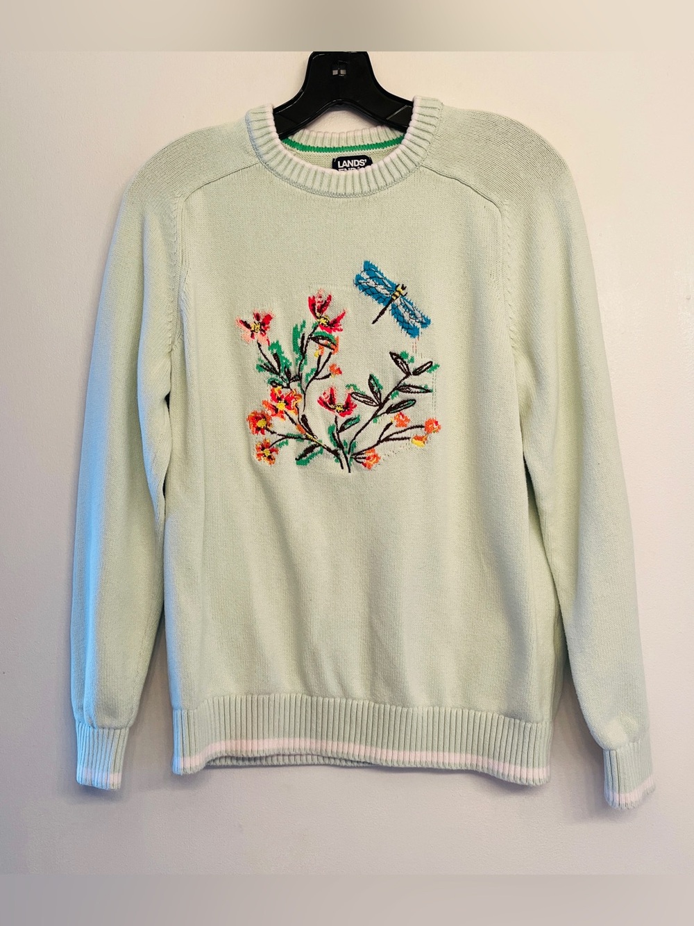 Lands' End embroidered floral dragonfly crewneck sweater size M